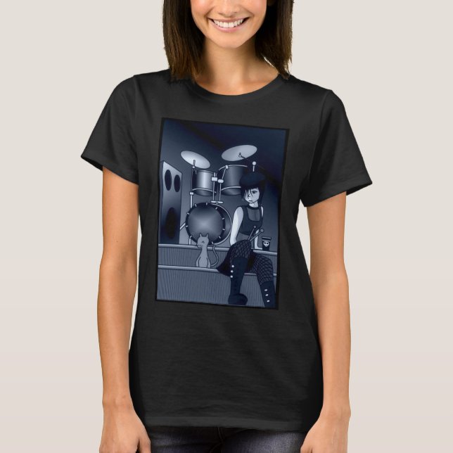 Drummer Girl and Cat T-Shirt (Front)