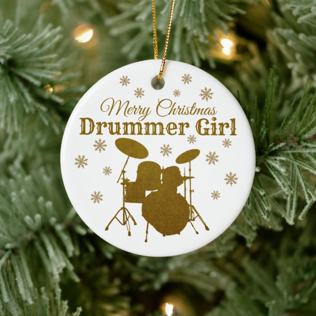 Drummer Girl Christmas Drum Kit Rock & Roll Music Ceramic Ornament (Tree)