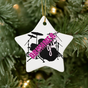 Drummer Girl with Fun Purple and Black Grunge Text Ceramic Ornament