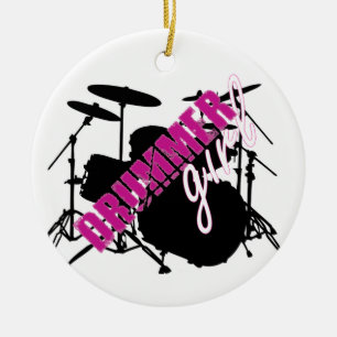 Drummer Girl with Fun Purple and Black Grunge Text Ceramic Ornament
