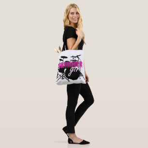 Drummer Girl with Fun Purple and Black Grunge Text Tote Bag