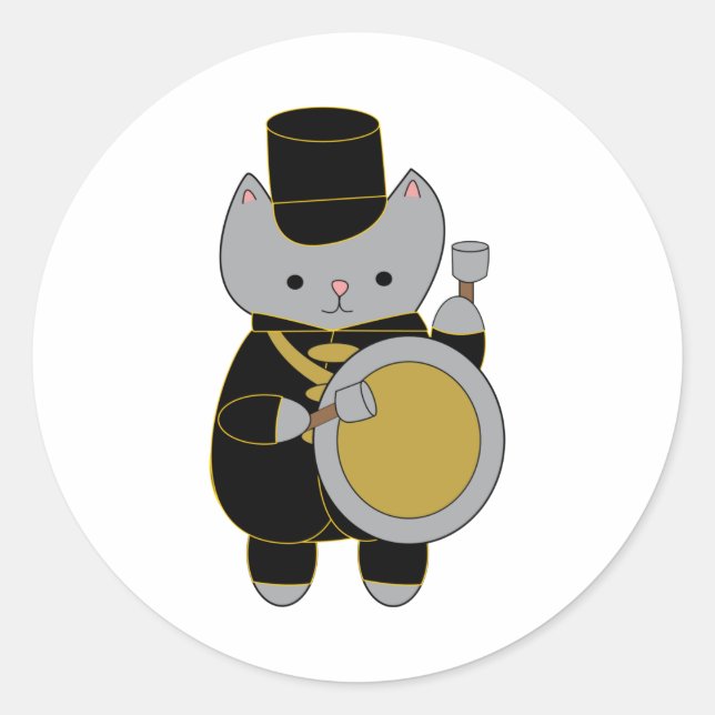 Drummer Marching Band Cat Black Yellow Gold Classic Round Sticker (Front)