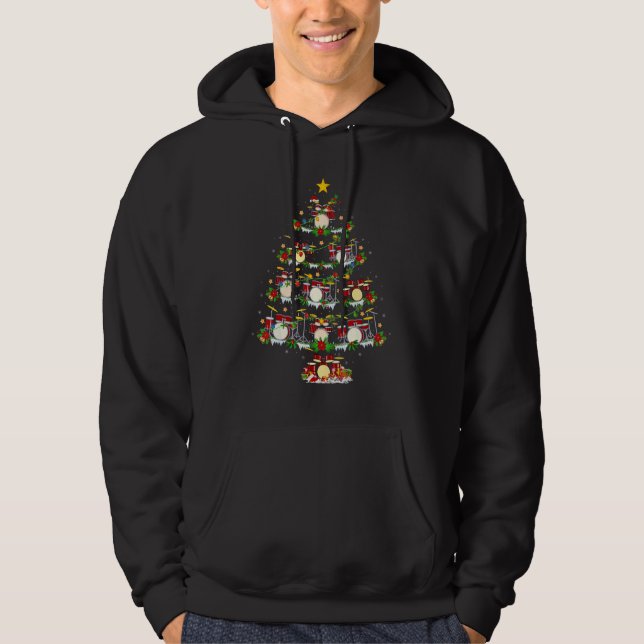 Drummer Music  Xmas Lights Drummer Christmas Tree Hoodie (Front)