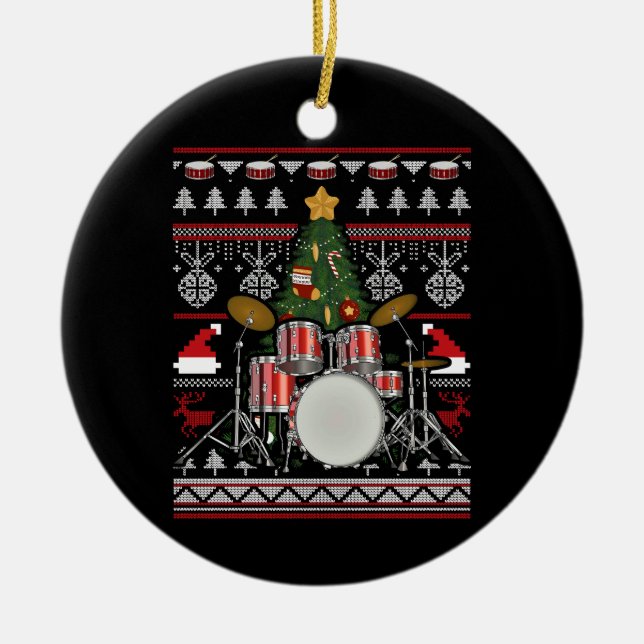 Drummer Musical Instrument Ugly Christmas Ceramic Ornament (Front)