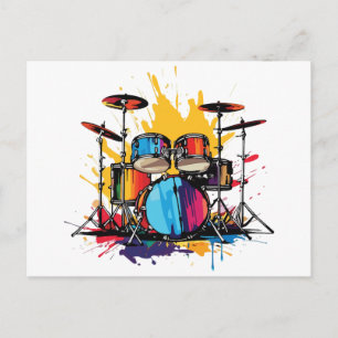 Drummer Paint Drip Splash Drums Kit Music Graphic Postcard