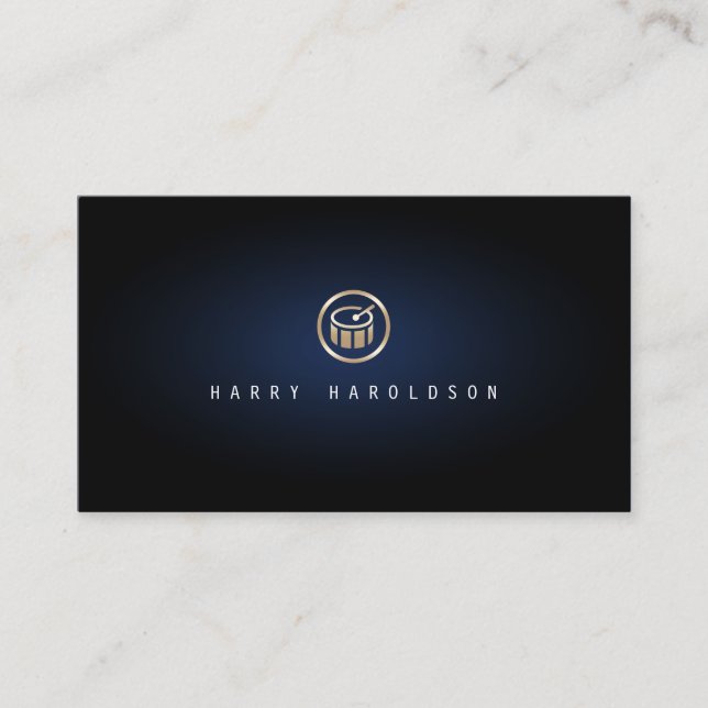 Drummer Percussionist Gold Drum Icon Blue Glow Business Card (Front)