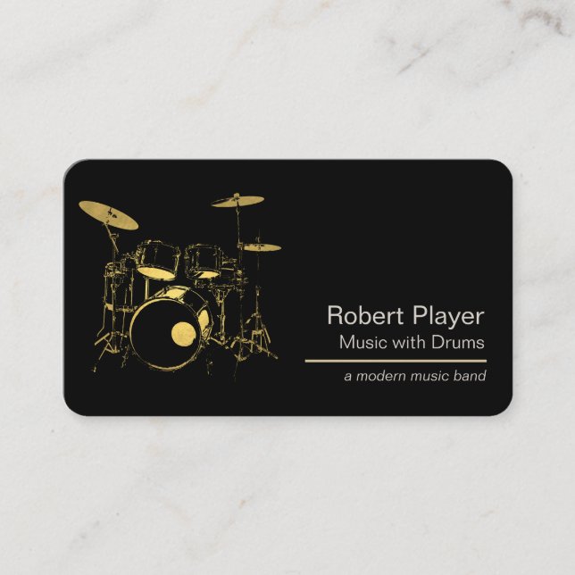 Drummer Percussionist Gold  Drum Set Music Event  Business Card (Front)