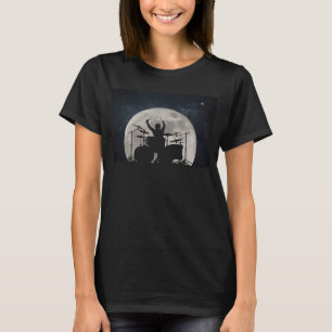 Drummer Playing Drums In Moon Space Solar System T-Shirt