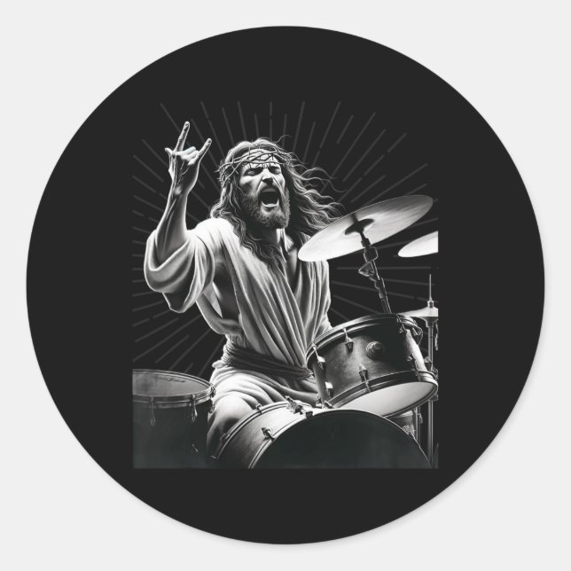 Drummer Rock Jesus Drumming  Classic Round Sticker (Front)