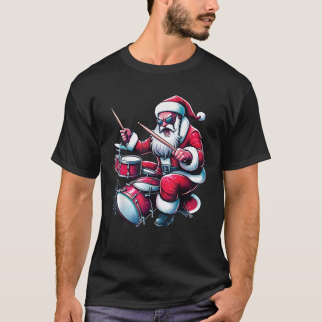 Drummer Santa Playing Drums Xmas Funny Christmas D T-Shirt (Front)