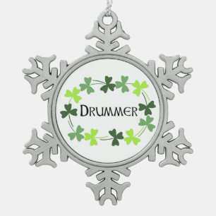 Drummer Shamrock Oval Snowflake Pewter Christmas Ornament