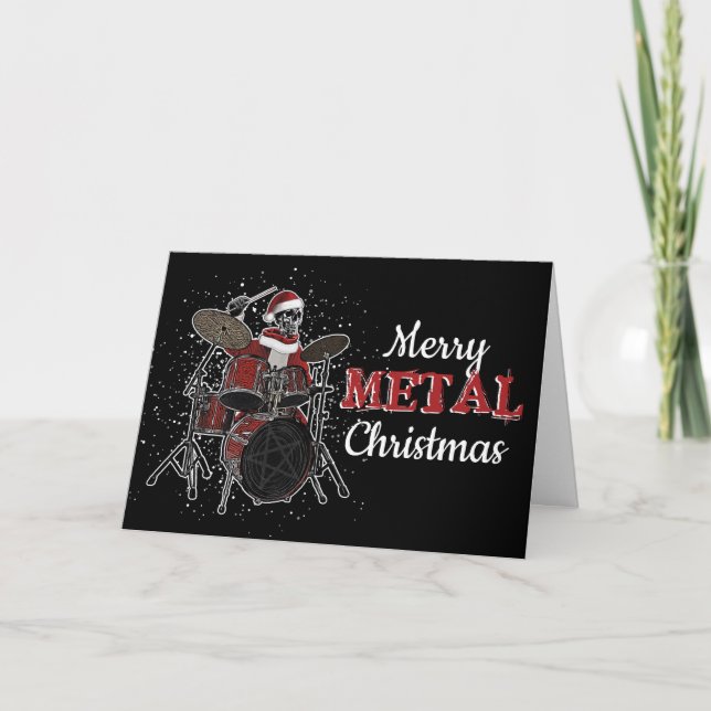 Drummer Skeleton Santa Heavy Metal Drum Christmas Holiday Card (Front)