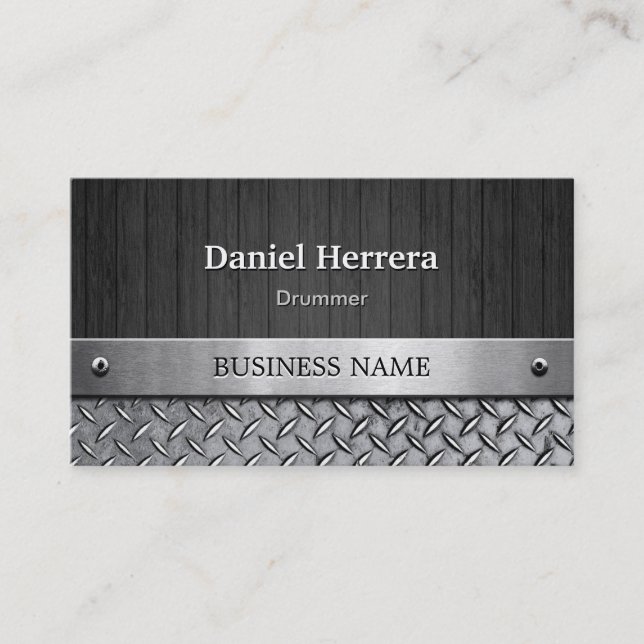 Drummer - Wood and Metal Look Business Card (Front)