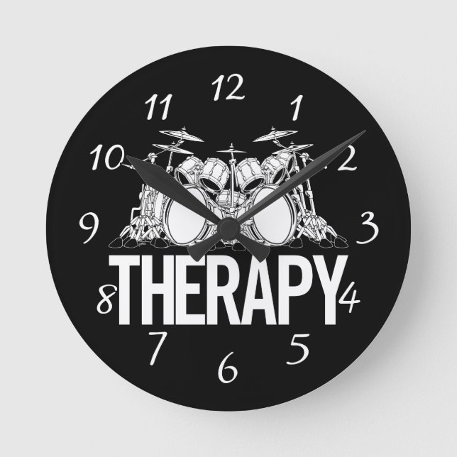 Drummers Therapy Drum Set Cartoon Illustration Round Clock (Front)