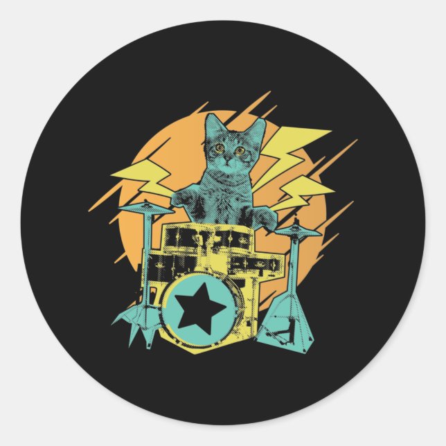 Drumming Cat Rock Music Kitten Classic Round Sticker (Front)