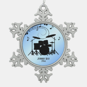 Drums Blue Personal Name and Date Snowflake Pewter Christmas Ornament