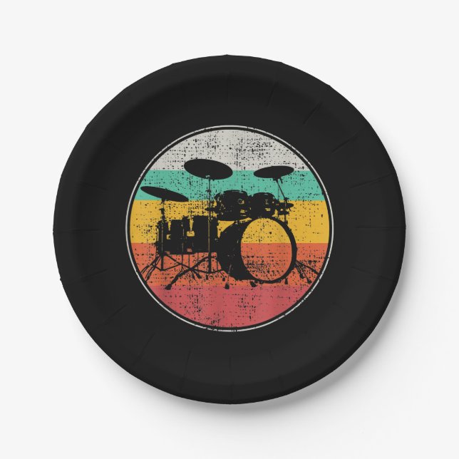 Drums Drummer Band Drumset Retro Vintage Paper Plate (Front)