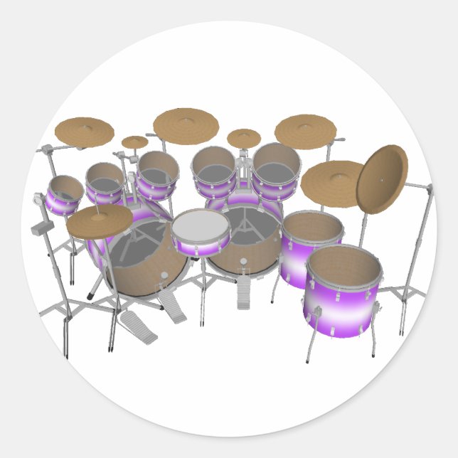 Drums: Purple & White Drum Kit: 3D Model: Classic Round Sticker (Front)