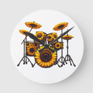 Drums Sunflower Flower Musician Music Floral Round Clock