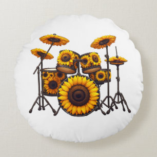 Drums Sunflower Flower Musician Music Floral Round Cushion
