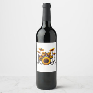 Drums Sunflower Flower Musician Music Floral Wine Label