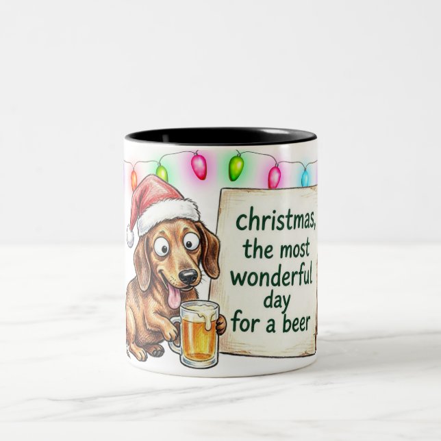 Drunk Dachshund Christmas Two-Tone Coffee Mug (Center)