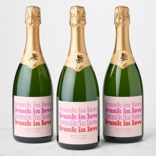 Drunk in Love Bridal Shower Party Retro Pink Sparkling Wine Label (Bottles)