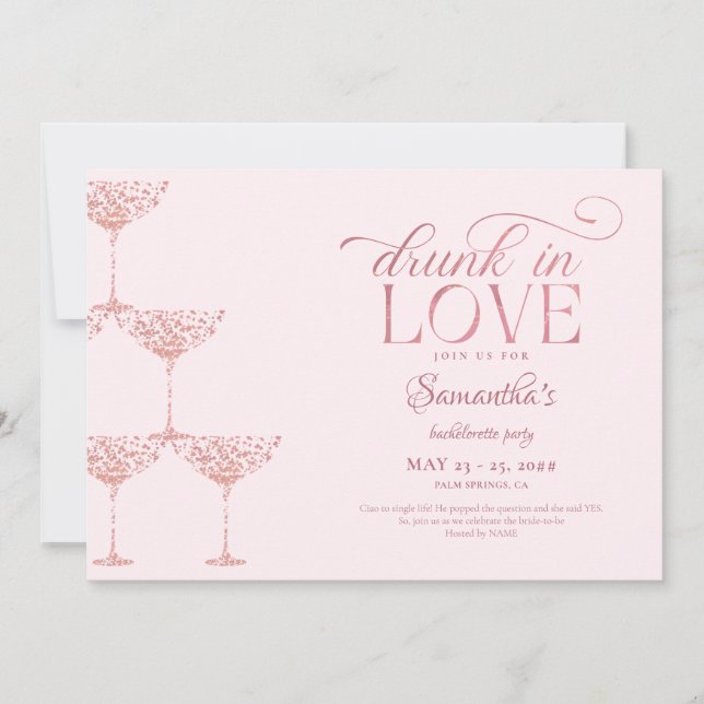 Drunk In Love Champagne Tower Pink Bachelorette Invitation (Front)