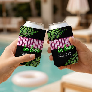 Drunk In Love Neon Green & Pink Tropical Bach Can Cooler