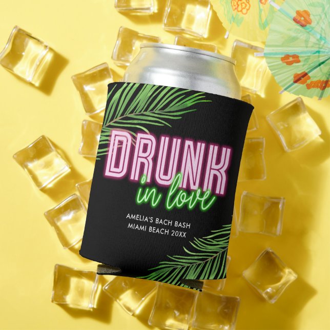 Drunk In Love Neon Green & Pink Tropical Bach Can Cooler (In Situ Summer)
