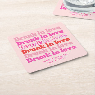 Drunk in Love Personalised Retro Pink Wedding Square Paper Coaster