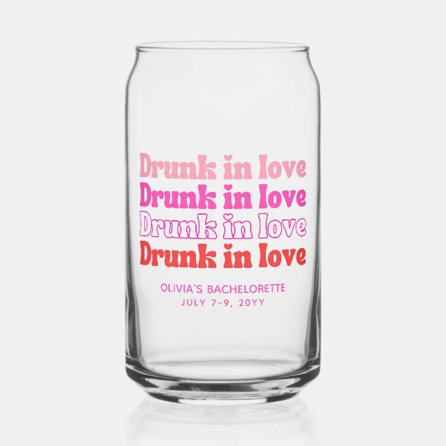 Drunk in Love Pink Retro Bachelorette Party Favour Can Glass (Front)