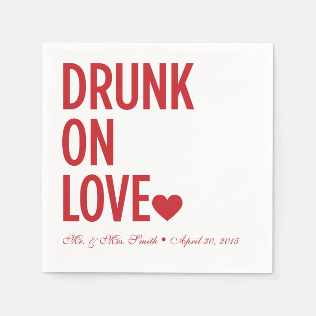 Drunk on Love Wedding Napkins Red (Front)