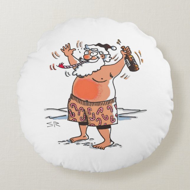 Drunk Santa round green poly pillow (Front)