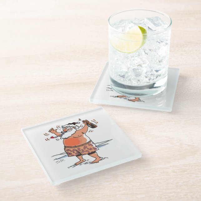 Drunk Santa white glass coaster (Angled)