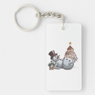 Drunk snowman with a bottle of whiskey. key ring