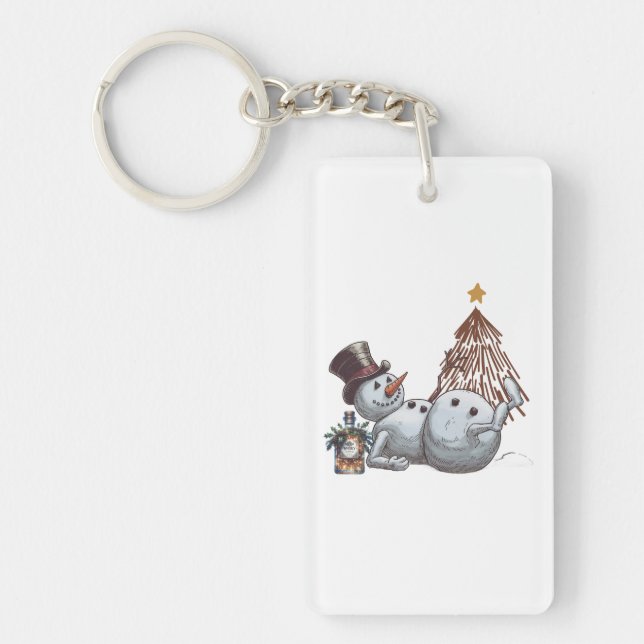 Drunk snowman with a bottle of whiskey. key ring (Front)