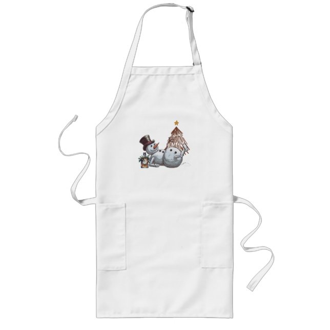 Drunk snowman with a bottle of whiskey. long apron (Front)
