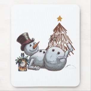 Drunk snowman with a bottle of whiskey. mouse pad
