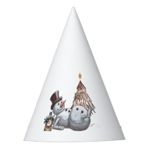 Drunk snowman with a bottle of whiskey. party hat