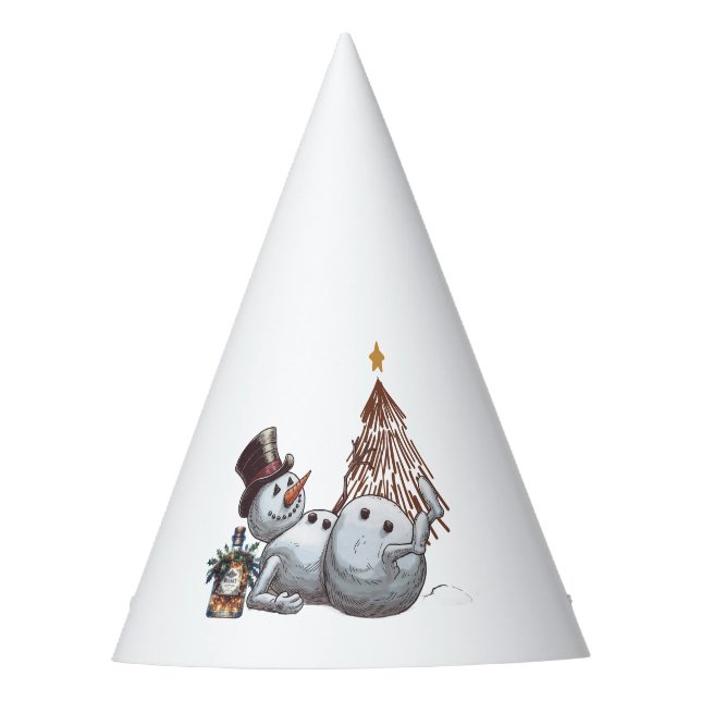 Drunk snowman with a bottle of whiskey. party hat (Front)