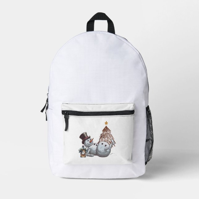 Drunk snowman with a bottle of whiskey. printed backpack (Front)