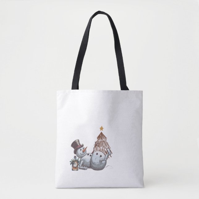 Drunk snowman with a bottle of whiskey. tote bag (Front)