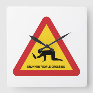 DRUNKEN PEOPLE CROSSING TRAFFIC SIGN SQUARE WALL CLOCK