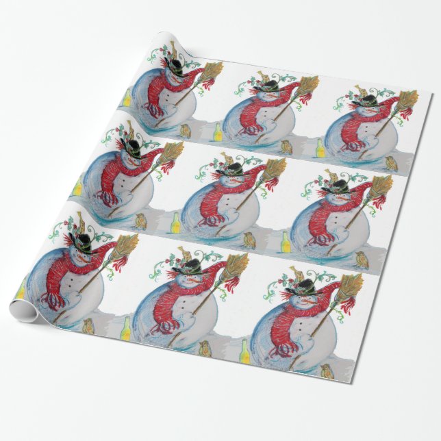 DRUNKEN SNOWMAN AND BIRDS WINTER HOLIDAY GREETINGS WRAPPING PAPER (Unrolled)