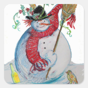DRUNKEN SNOWMAN WITH BIRDS IN WINTER SQUARE STICKER
