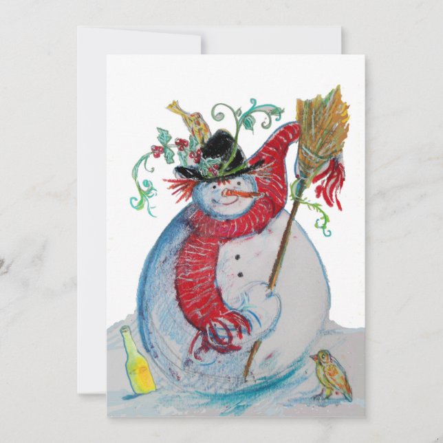DRUNKEN SNOWMAN WITH BIRDS WINTER HOLIDAY GREETING CARD (Front)