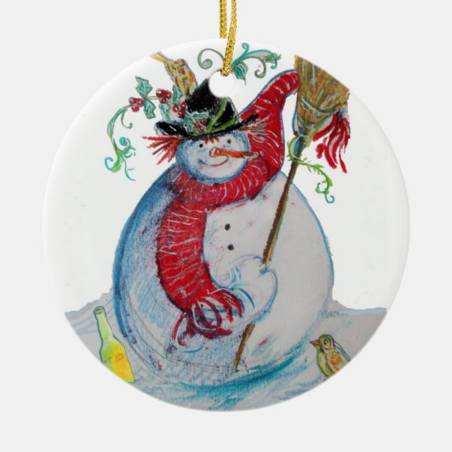 DRUNKEN SNOWMAN WITH BIRDS WINTER HOLIDAY PARTY CERAMIC TREE DECORATION (Front)