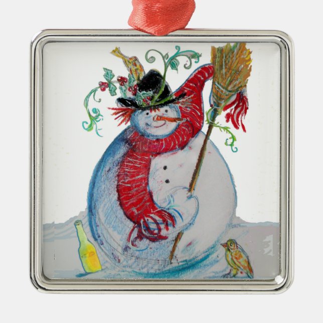 DRUNKEN SNOWMAN WITH BIRDS WINTER HOLIDAY PARTY METAL TREE DECORATION (Front)