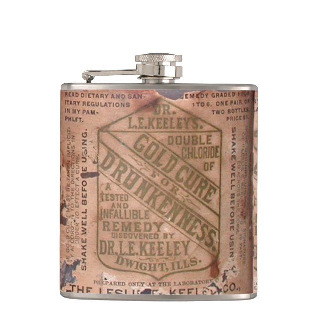 Drunkenness Cure Vintage Label Torn Hip Flask (Front)